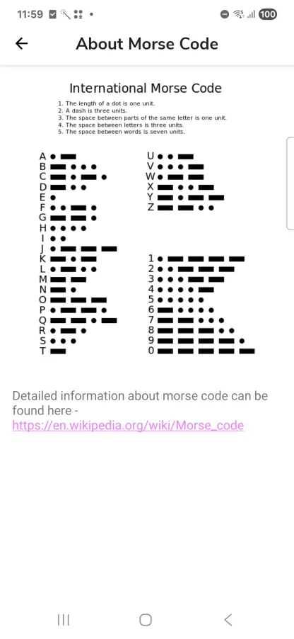 MorseLight built-in International Morse Code chart for letters and numbers