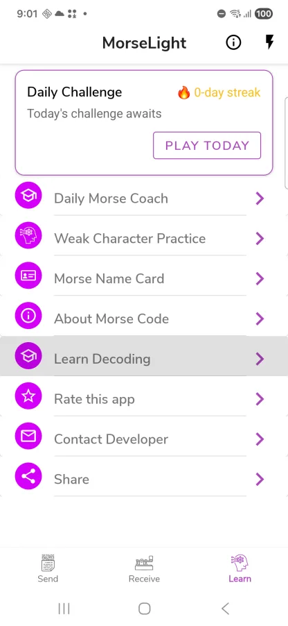 MorseLight Learn menu showing the daily challenge, Morse coach, and weak-character practice with a streak