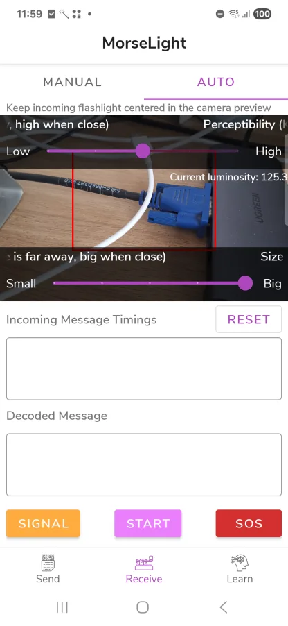 MorseLight auto-decode screen using the camera to detect an incoming flashlight signal and read its luminosity