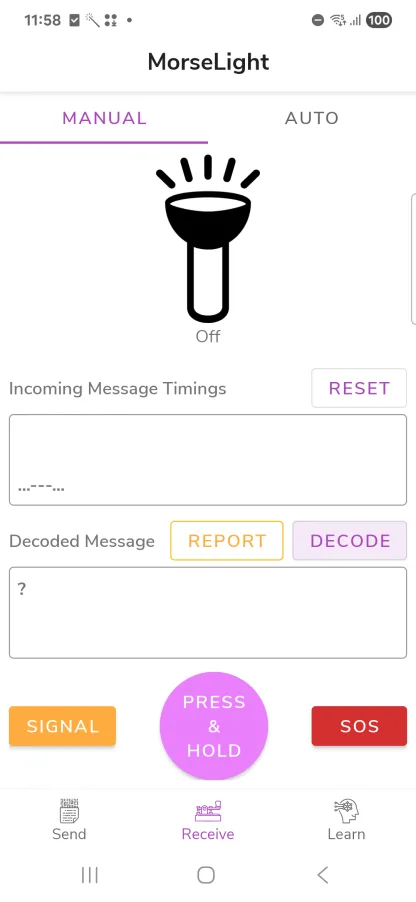 MorseLight manual decode screen with a press-and-hold button to tap along with incoming flashes
