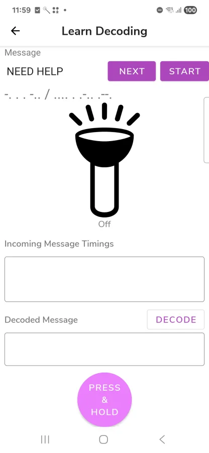MorseLight Learn Decoding screen practising a simulated NEED HELP flash pattern