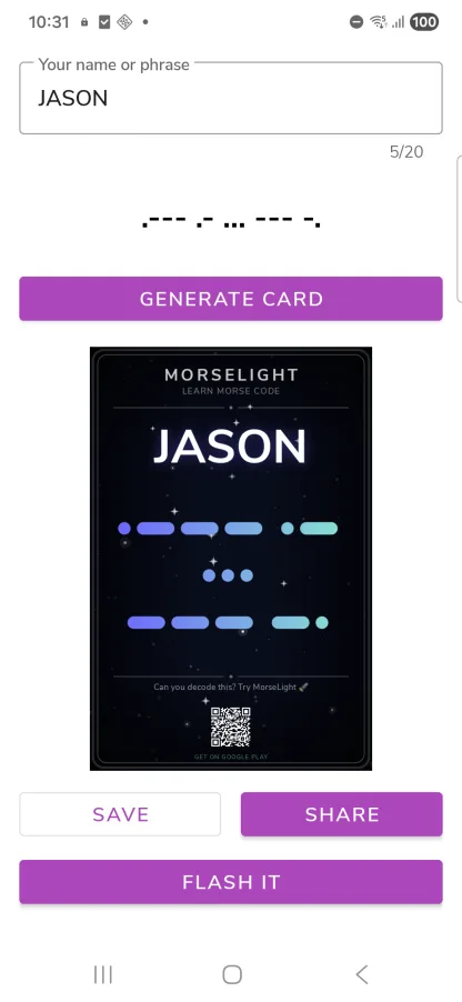MorseLight Morse Name Card turning the name JASON into a shareable dots-and-dashes card