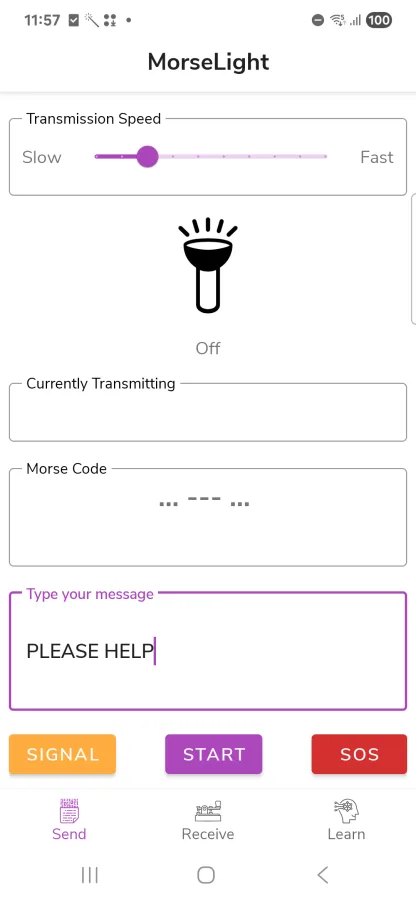 MorseLight Send screen with a typed message and a transmission-speed slider, ready to flash it as Morse code